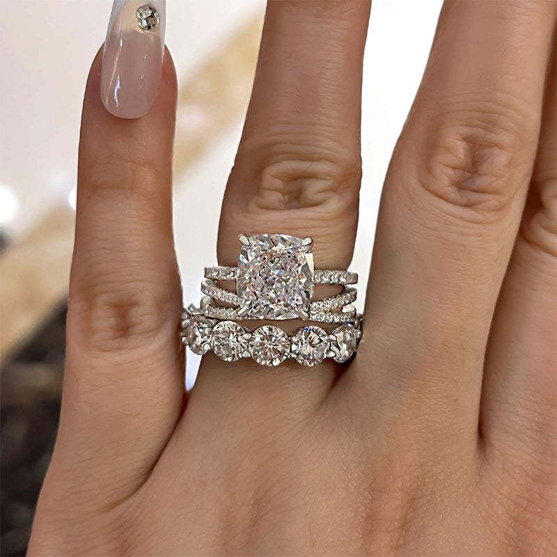 Luxurious Cushion Cut 3PC Wedding Ring Set In Sterling Silver-Sterling Silver-lornajewelry