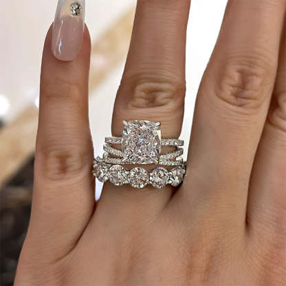 Luxurious Cushion Cut 3PC Wedding Ring Set In Sterling Silver-Sterling Silver-lornajewelry