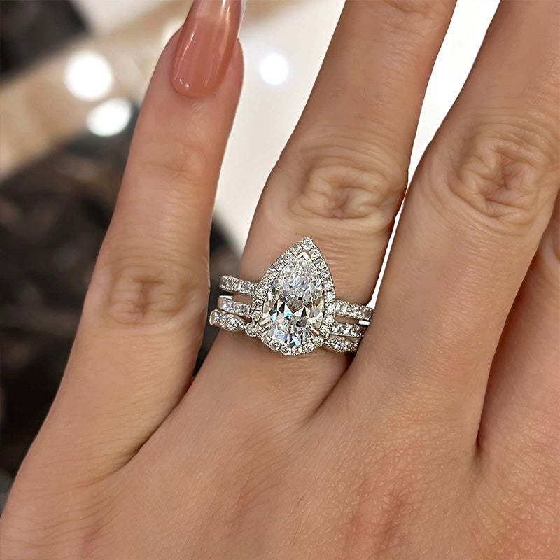 Halo Pear Cut 3PC Wedding Ring Set Created White Sapphire In White Gold-Sterling Silver-lornajewelry