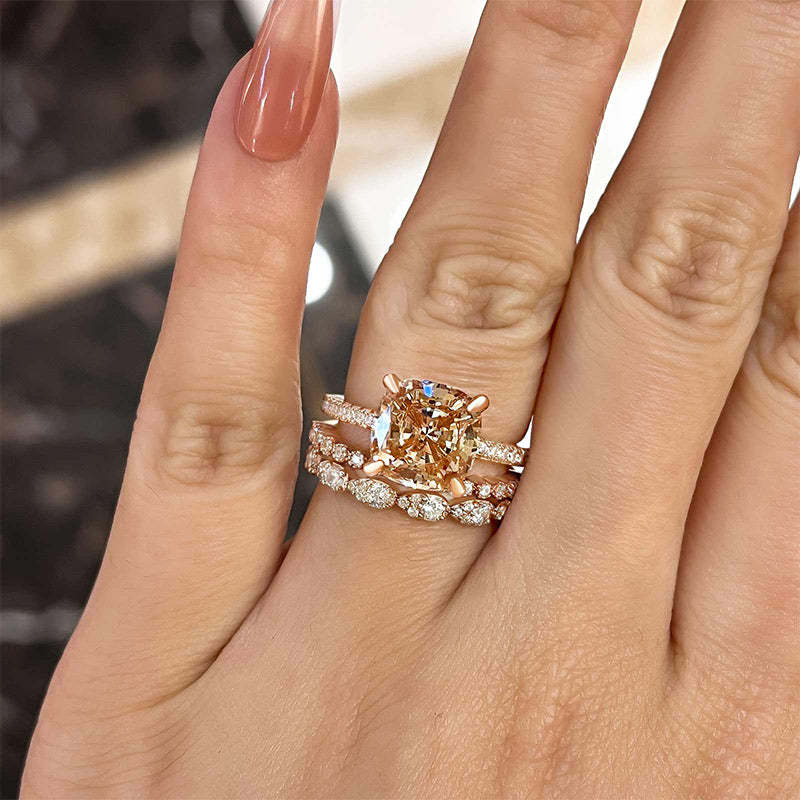5 Carat Cushion Cut Champagne Stone 3PC Wedding Ring Set In Rose Gold-Sterling Silver-lornajewelry
