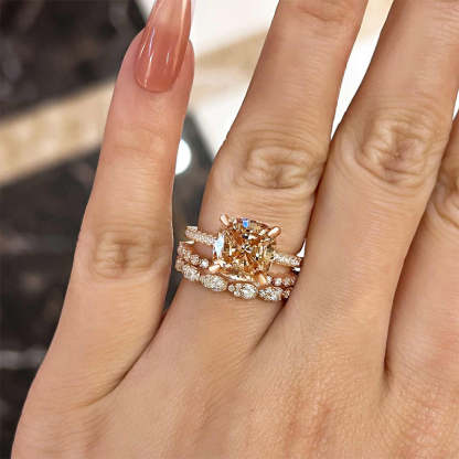 5 Carat Cushion Cut Champagne Stone 3PC Wedding Ring Set In Rose Gold-Sterling Silver-lornajewelry