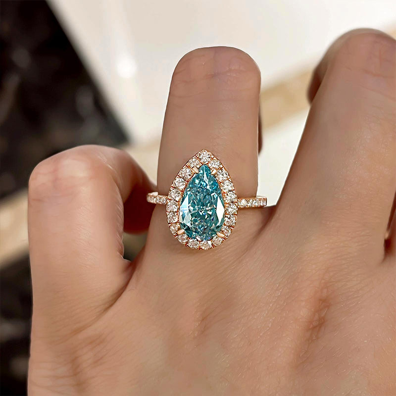 2.5Ct Moissanite Exquisite Halo Pear Cut Cyan Blue Engagement Ring-Sterling Silver-lornajewelry