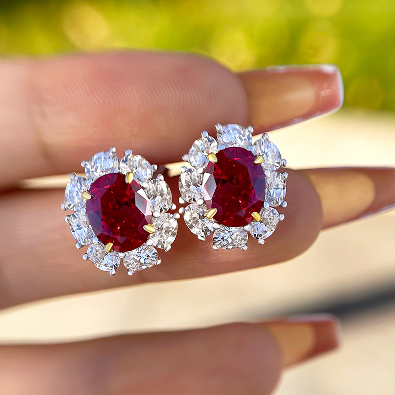 Luxuriant Halo 1.8 Carat Ruby Oval Cut Women's Drop Earrings In Sterling Silver-Sterling Silver-lornajewelry