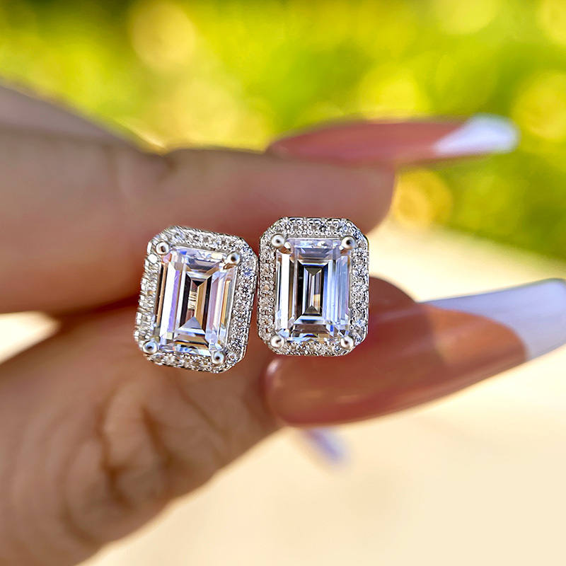 Sparkle Halo Emerald Cut Women's Stud Earrings In Sterling Silver-Sterling Silver-lornajewelry