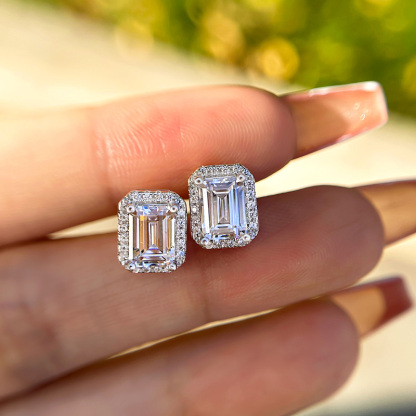 Sparkle Halo Emerald Cut Women's Stud Earrings In Sterling Silver-Sterling Silver-lornajewelry