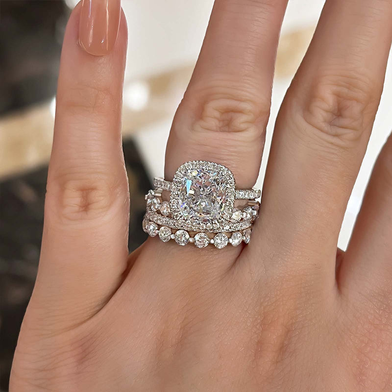 Stunning Halo Cushion Cut 4PC Wedding Set in Sterling Silver-Sterling Silver-lornajewelry