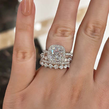 Stunning Halo Cushion Cut 4PC Wedding Set in Sterling Silver-Sterling Silver-lornajewelry