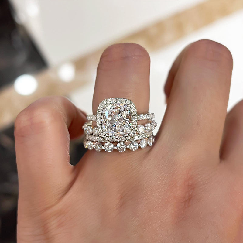 Stunning Halo Cushion Cut 4PC Wedding Set in Sterling Silver-Sterling Silver-lornajewelry