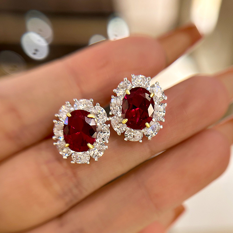 Luxuriant Halo 1.8 Carat Ruby Oval Cut Women's Drop Earrings In Sterling Silver-Sterling Silver-lornajewelry