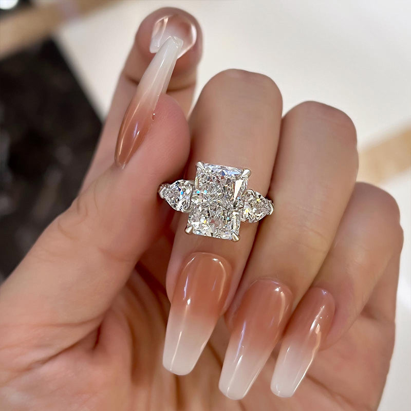 5Ct Luxurious Radiant Cut & Heart Cut Three Stone Engagement Ring In Sterling Silver-Sterling Silver-lornajewelry