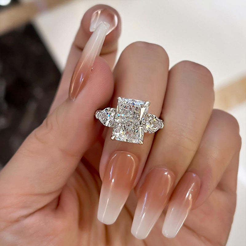 5Ct Luxurious Radiant Cut & Heart Cut Three Stone Engagement Ring In Sterling Silver-Sterling Silver-lornajewelry