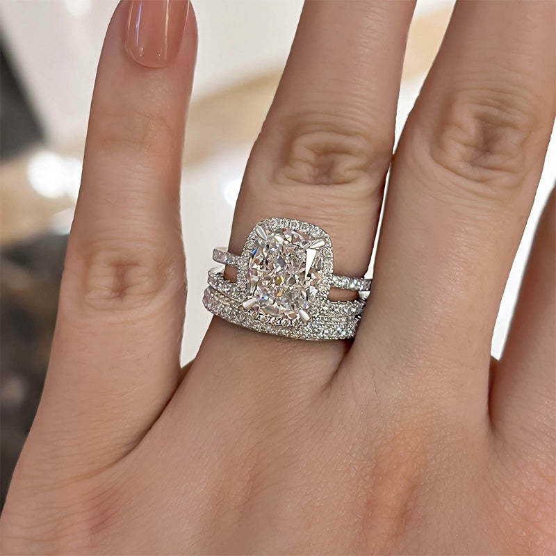 Exclusive Halo Cushion Cut 3PC Wedding Set In Sterling Silver-Sterling Silver-lornajewelry