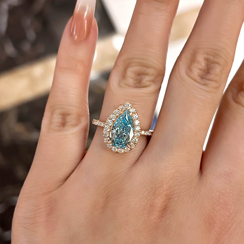 2.5Ct Moissanite Exquisite Halo Pear Cut Cyan Blue Engagement Ring-Sterling Silver-lornajewelry