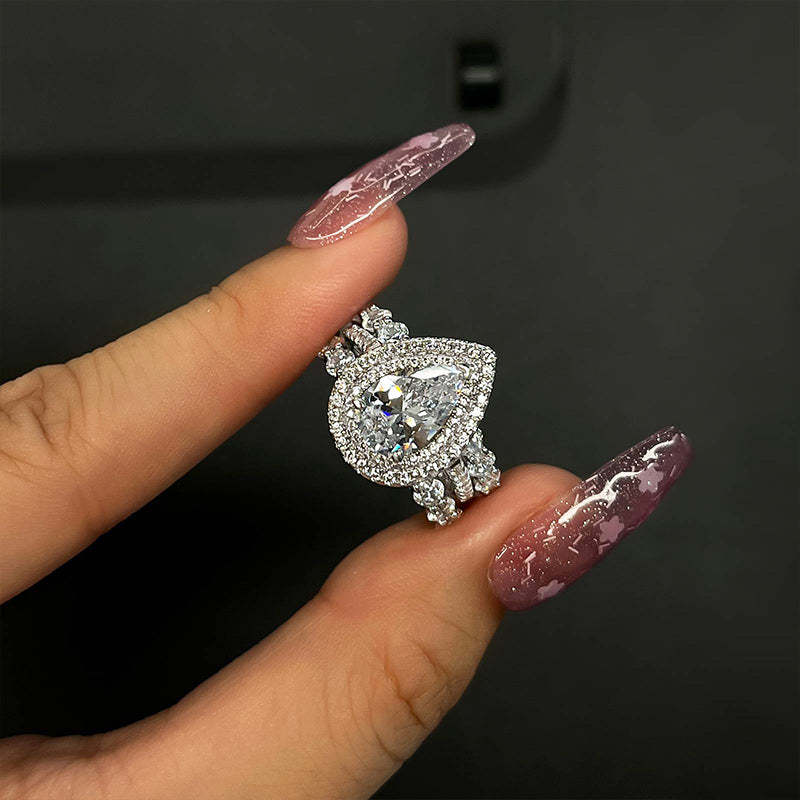 Eternity Double Halo Pear Cut 3-Pieces Wedding Set In Sterling Silver-Sterling Silver-lornajewelry