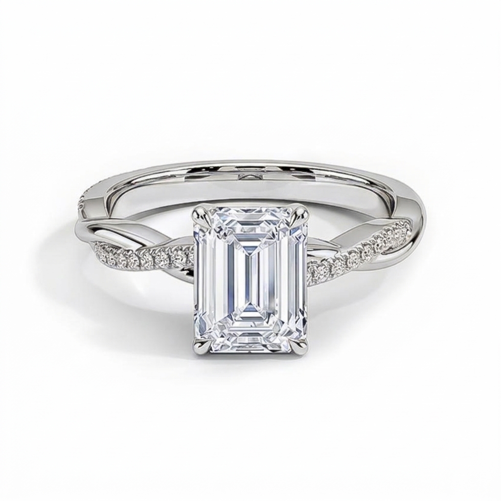 1Ct/2Ct/3Ct/4Ct/5Ct Moissanite Emerald Cut Twist Engagement Ring in Sterling Silver