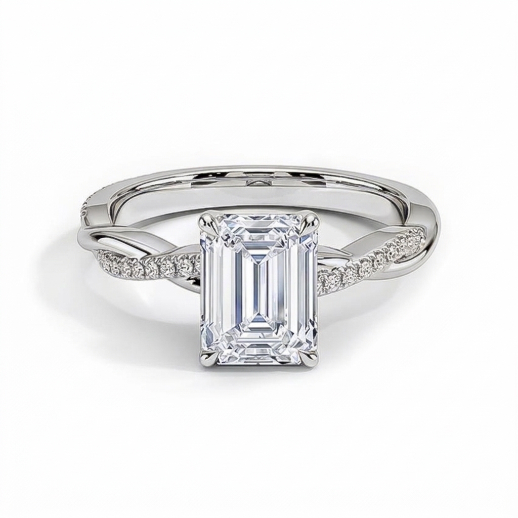 1Ct/2Ct/3Ct/4Ct/5Ct Moissanite Emerald Cut Twist Engagement Ring in Sterling Silver