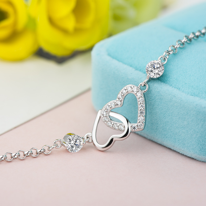 Sterling Silver Double Heart Bracelet For Women-Sterling Silver-lornajewelry