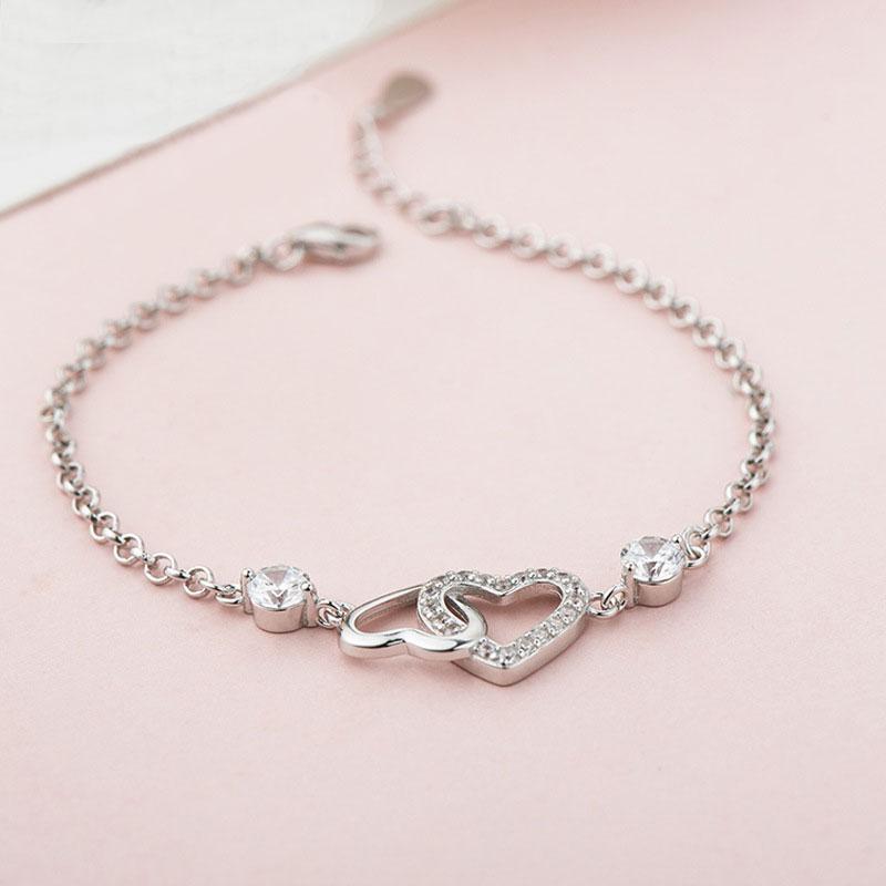 Sterling Silver Double Heart Bracelet For Women-Sterling Silver-lornajewelry
