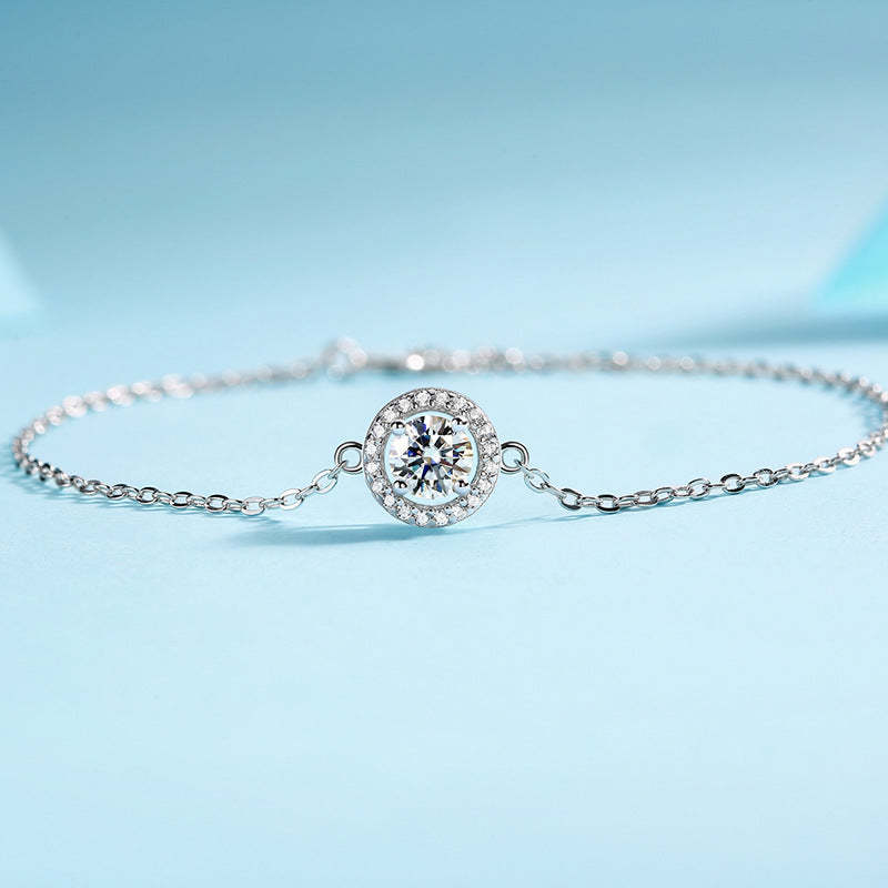Moissanite Halo Round Cut Bracelet-Sterling Silver-lornajewelry