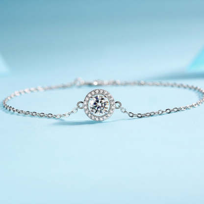Moissanite Halo Round Cut Bracelet-Sterling Silver-lornajewelry