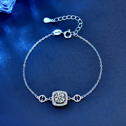 Moissanite Halo Round Cut Bracelet-Sterling Silver-lornajewelry