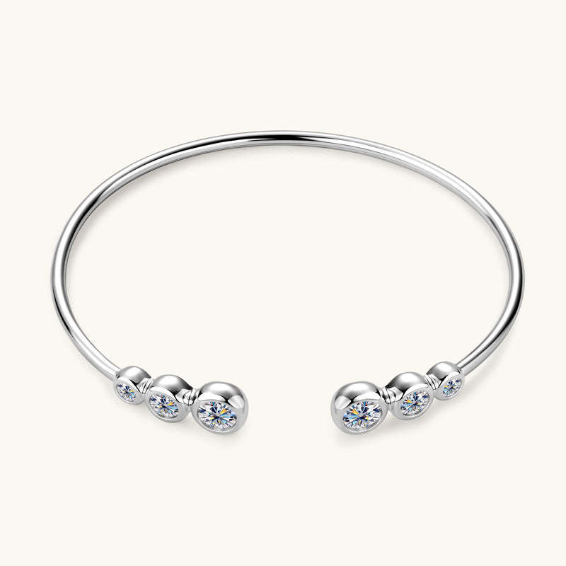 Moissanite Bezel Round Cut Open Bracelet-Sterling Silver-lornajewelry