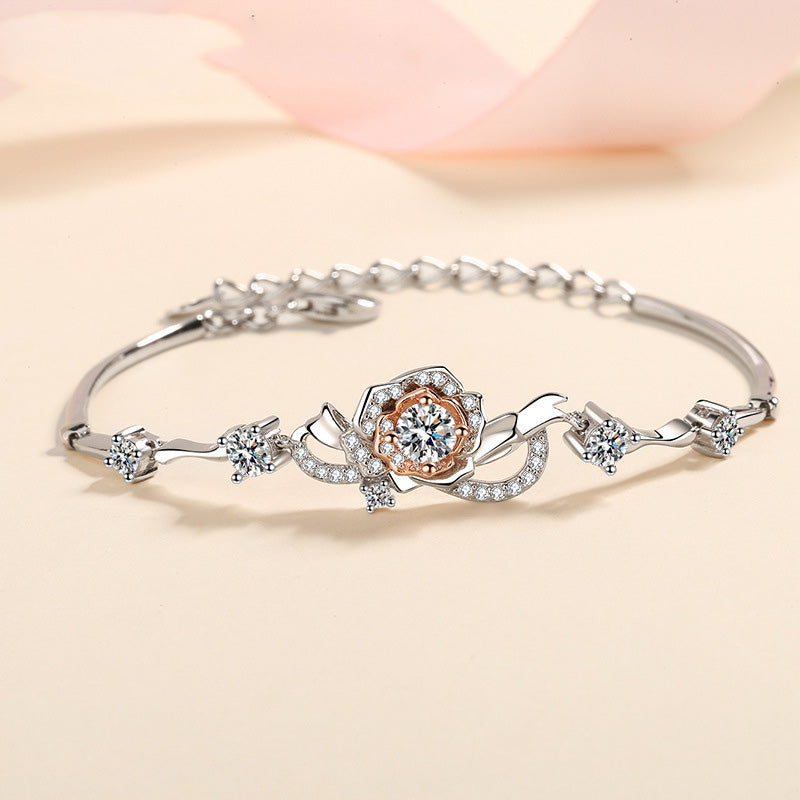 Moissanite Flower Design Round Cut Bracelet-Sterling Silver-lornajewelry