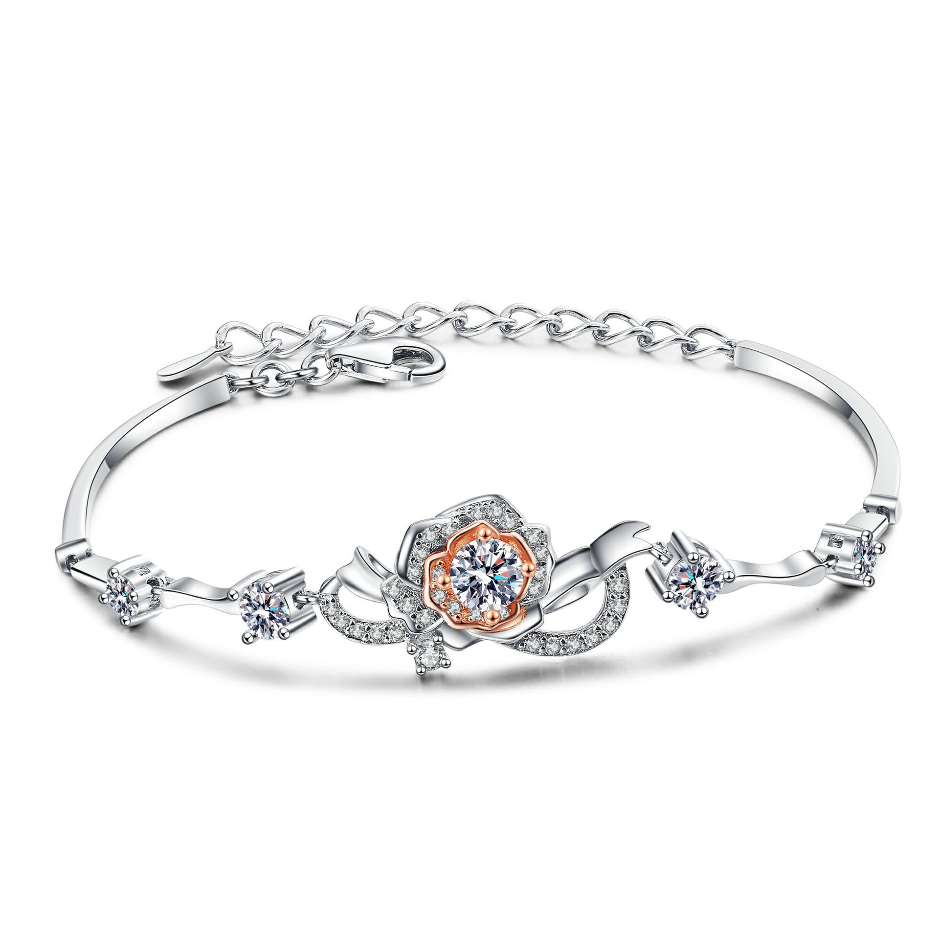 Moissanite Flower Design Round Cut Bracelet-Sterling Silver-lornajewelry