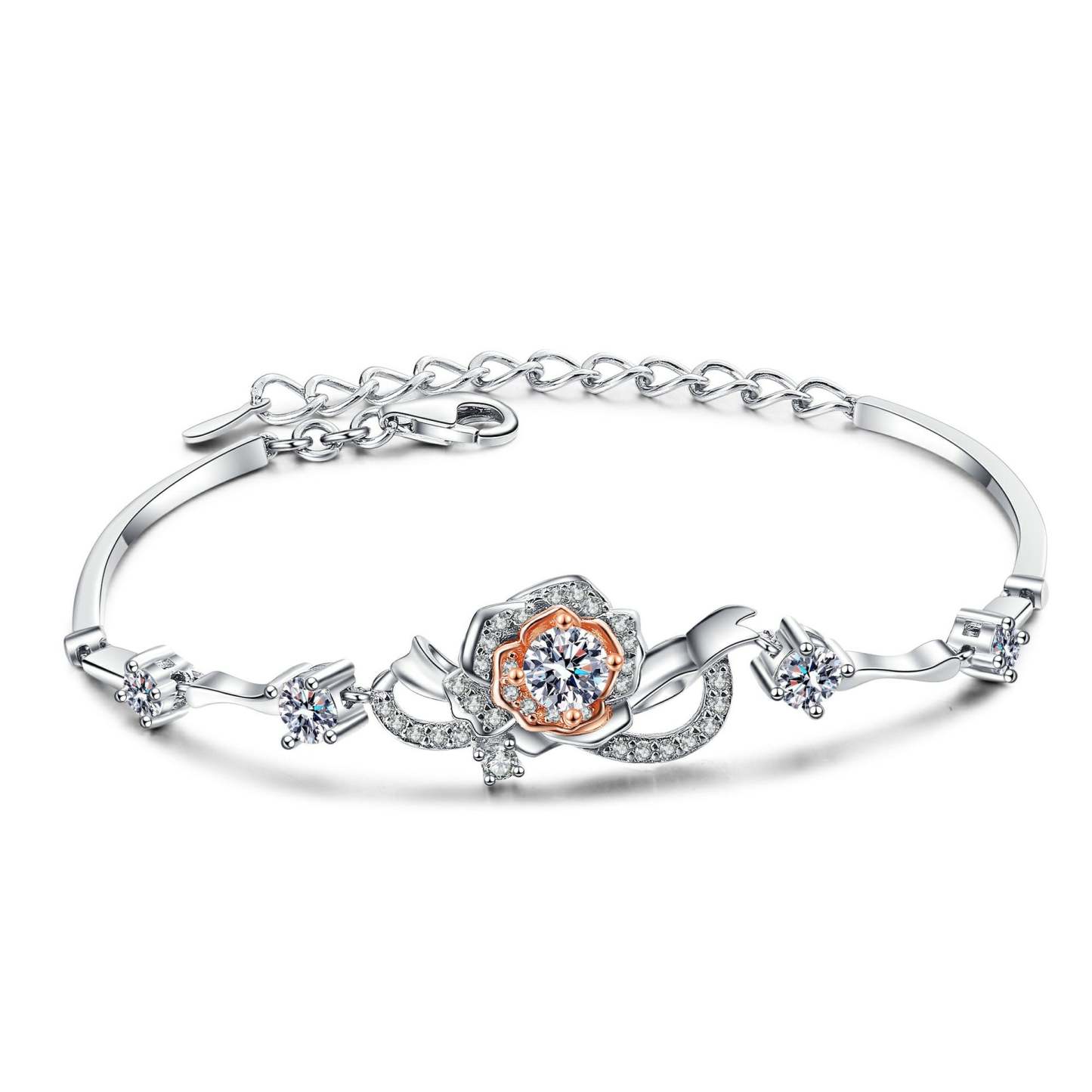 Moissanite Flower Design Round Cut Bracelet-Sterling Silver-lornajewelry