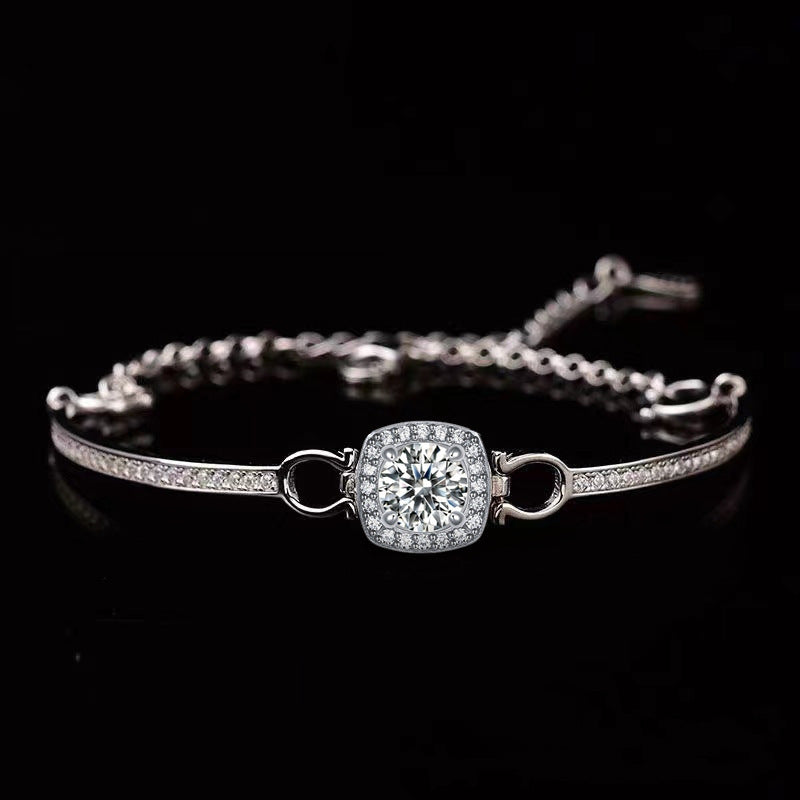 Moissanite Halo Round Cut Bracelet-Sterling Silver-lornajewelry