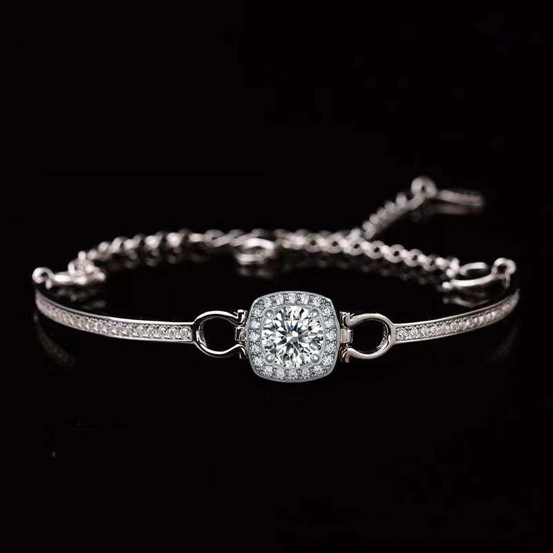 Moissanite Halo Round Cut Bracelet-Sterling Silver-lornajewelry