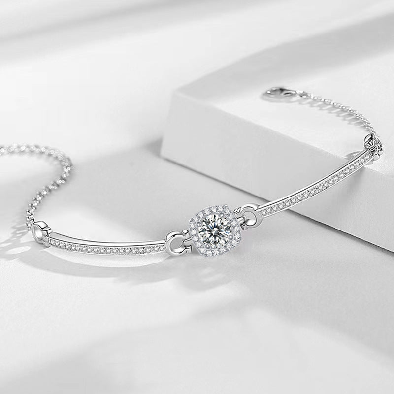 Moissanite Halo Round Cut Bracelet-Sterling Silver-lornajewelry