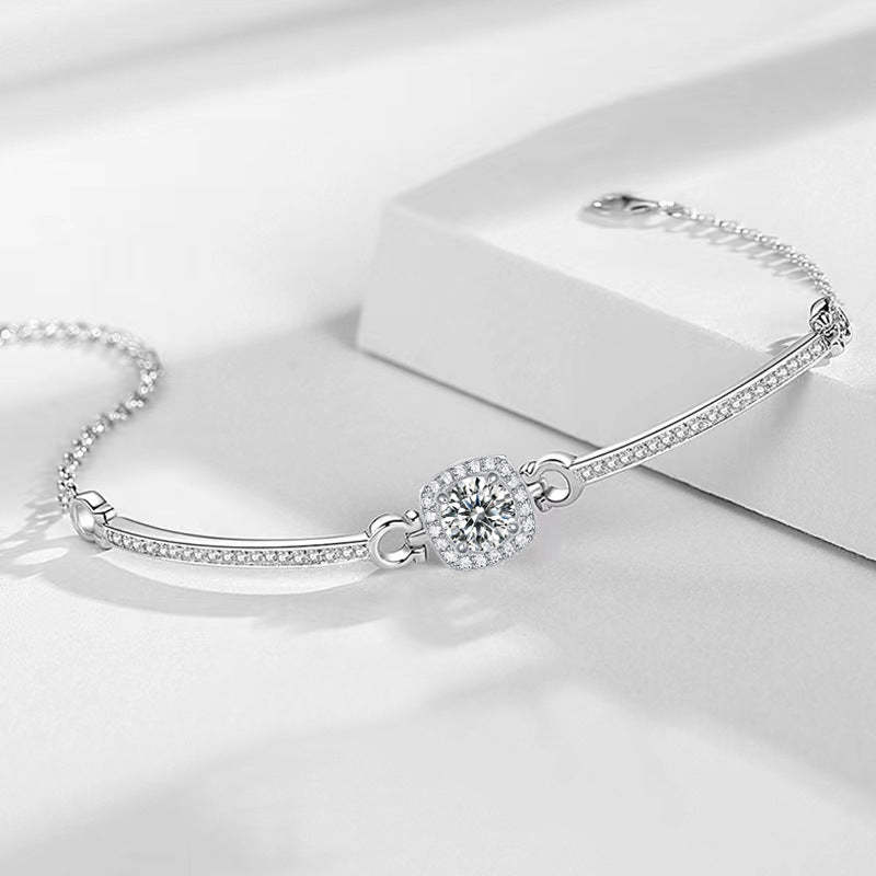 Moissanite Halo Round Cut Bracelet-Sterling Silver-lornajewelry