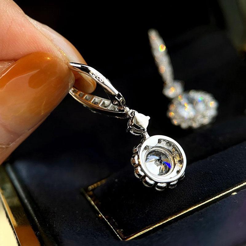 Noble Halo Round Cut Drop Earrings In Sterling Silver-Sterling Silver-lornajewelry