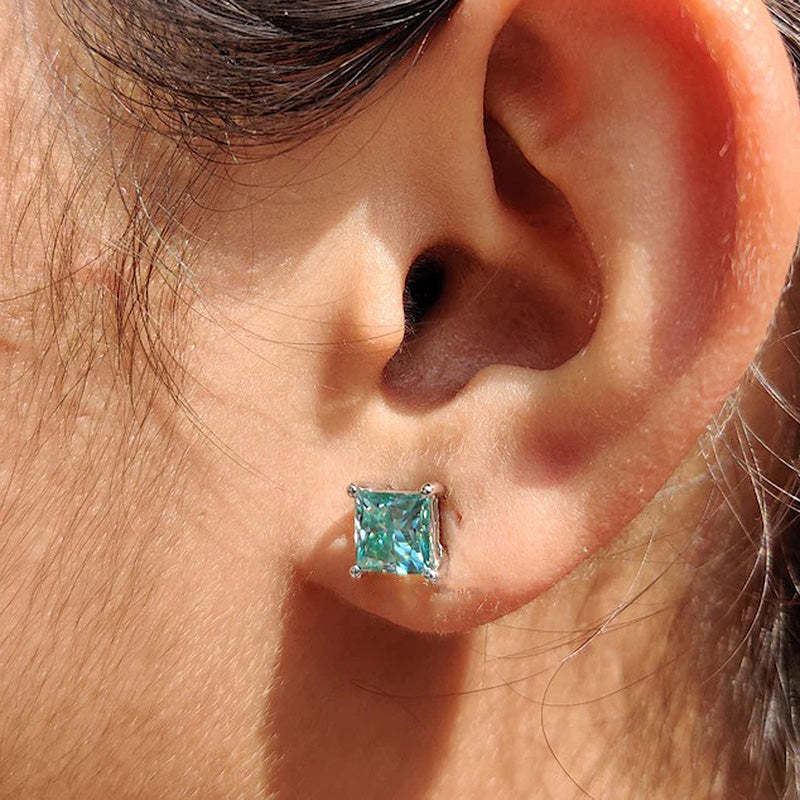 Stunning Princess Cut Paraiba Tourmaline Stud Earrings In Sterling Silver-Sterling Silver-lornajewelry