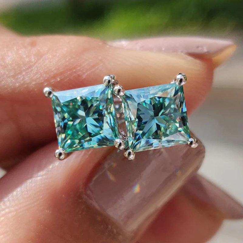 Stunning Princess Cut Paraiba Tourmaline Stud Earrings In Sterling Silver-Sterling Silver-lornajewelry