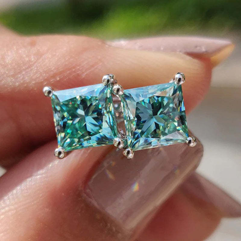 Stunning Princess Cut Paraiba Tourmaline Stud Earrings In Sterling Silver-Sterling Silver-lornajewelry