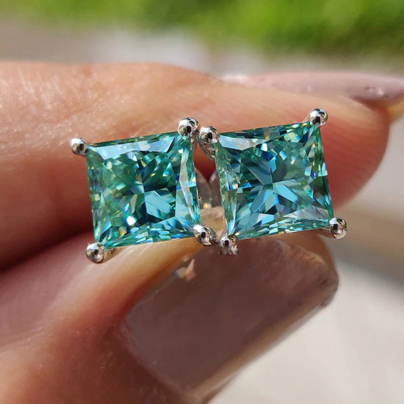 Stunning Princess Cut Paraiba Tourmaline Stud Earrings In Sterling Silver-Sterling Silver-lornajewelry