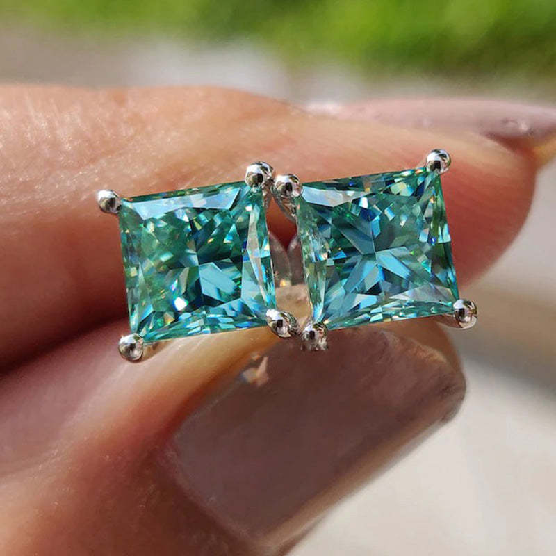 Stunning Princess Cut Paraiba Tourmaline Stud Earrings In Sterling Silver-Sterling Silver-lornajewelry