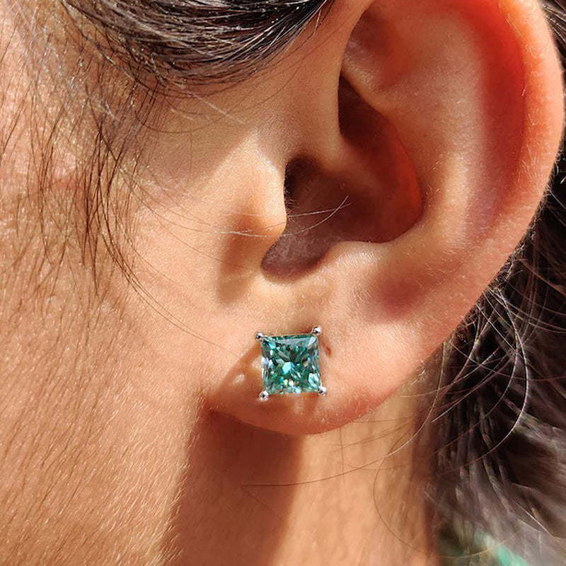 Stunning Princess Cut Paraiba Tourmaline Stud Earrings In Sterling Silver-Sterling Silver-lornajewelry
