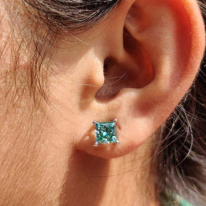 Stunning Princess Cut Paraiba Tourmaline Stud Earrings In Sterling Silver-Sterling Silver-lornajewelry