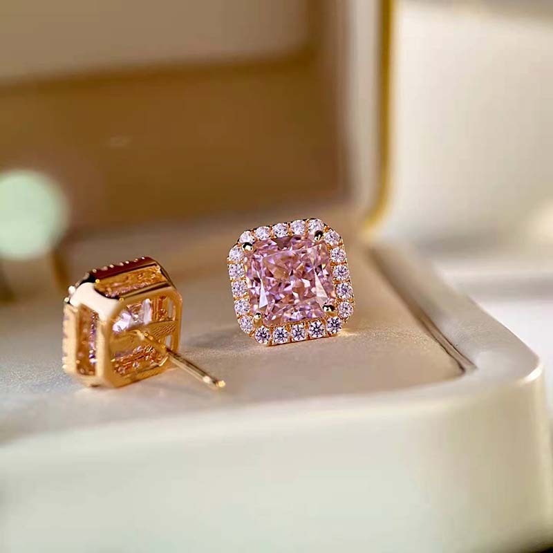 Elegant Rose Gold Halo Radiant Cut Pink Sapphire Stud Earrings In Sterling Silver-Sterling Silver-lornajewelry