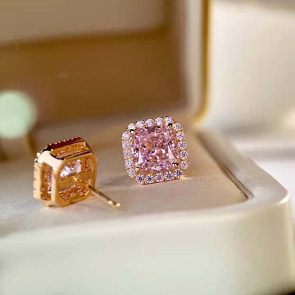 Elegant Rose Gold Halo Radiant Cut Pink Sapphire Stud Earrings In Sterling Silver-Sterling Silver-lornajewelry