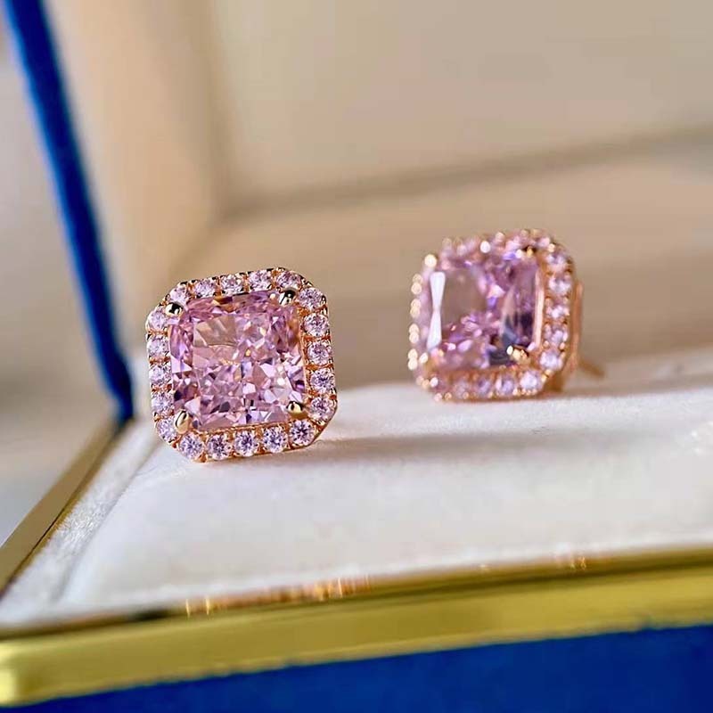 Elegant Rose Gold Halo Radiant Cut Pink Sapphire Stud Earrings In Sterling Silver-Sterling Silver-lornajewelry