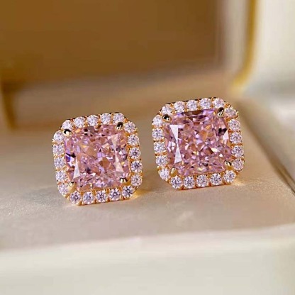 Elegant Rose Gold Halo Radiant Cut Pink Sapphire Stud Earrings In Sterling Silver-Sterling Silver-lornajewelry