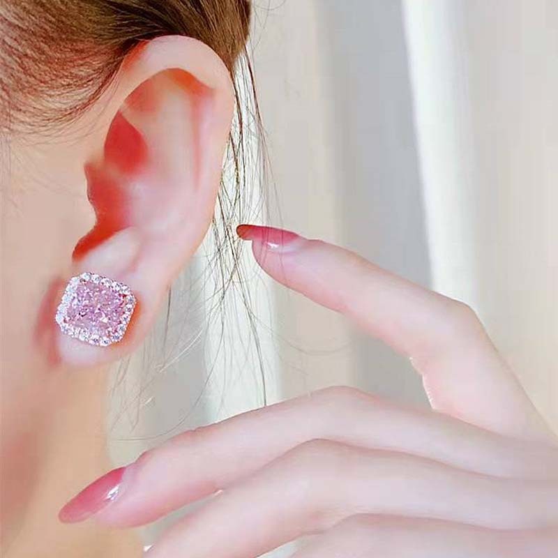 Elegant Rose Gold Halo Radiant Cut Pink Sapphire Stud Earrings In Sterling Silver-Sterling Silver-lornajewelry