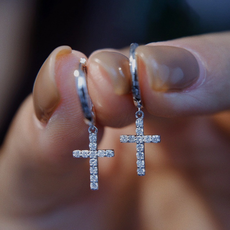 Stunning Cross Round Cut Women's Earrings In Sterling Silver-Sterling Silver-lornajewelry