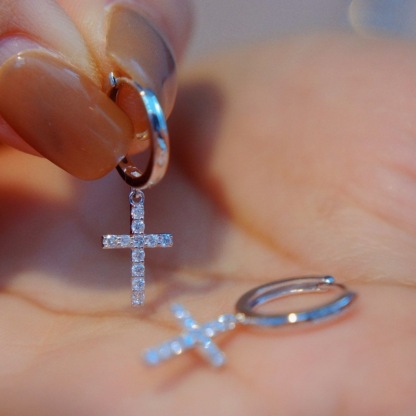 Stunning Cross Round Cut Women's Earrings In Sterling Silver-Sterling Silver-lornajewelry