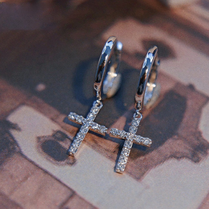 Stunning Cross Round Cut Women's Earrings In Sterling Silver-Sterling Silver-lornajewelry