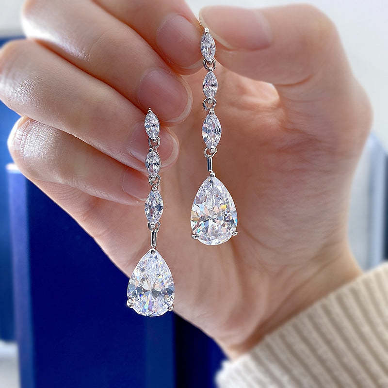 Outstanding Pear Cut Women's Earrings In Sterling Silver-Sterling Silver-lornajewelry